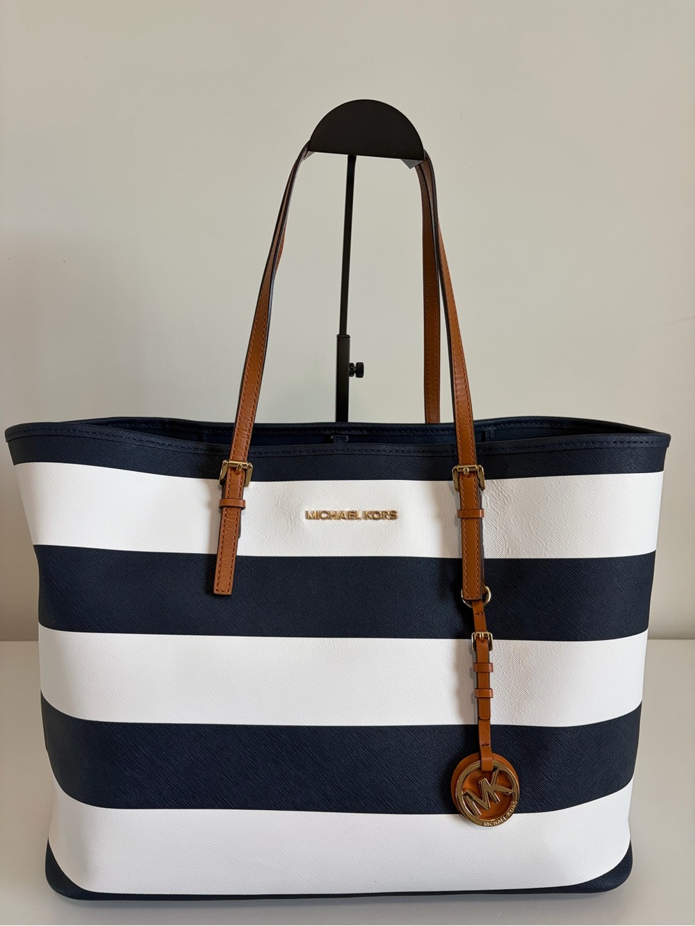 Michael Kors Jet Set Travel Navy & White Striped Tote with Brown Leather Straps - Picture 3 of 9